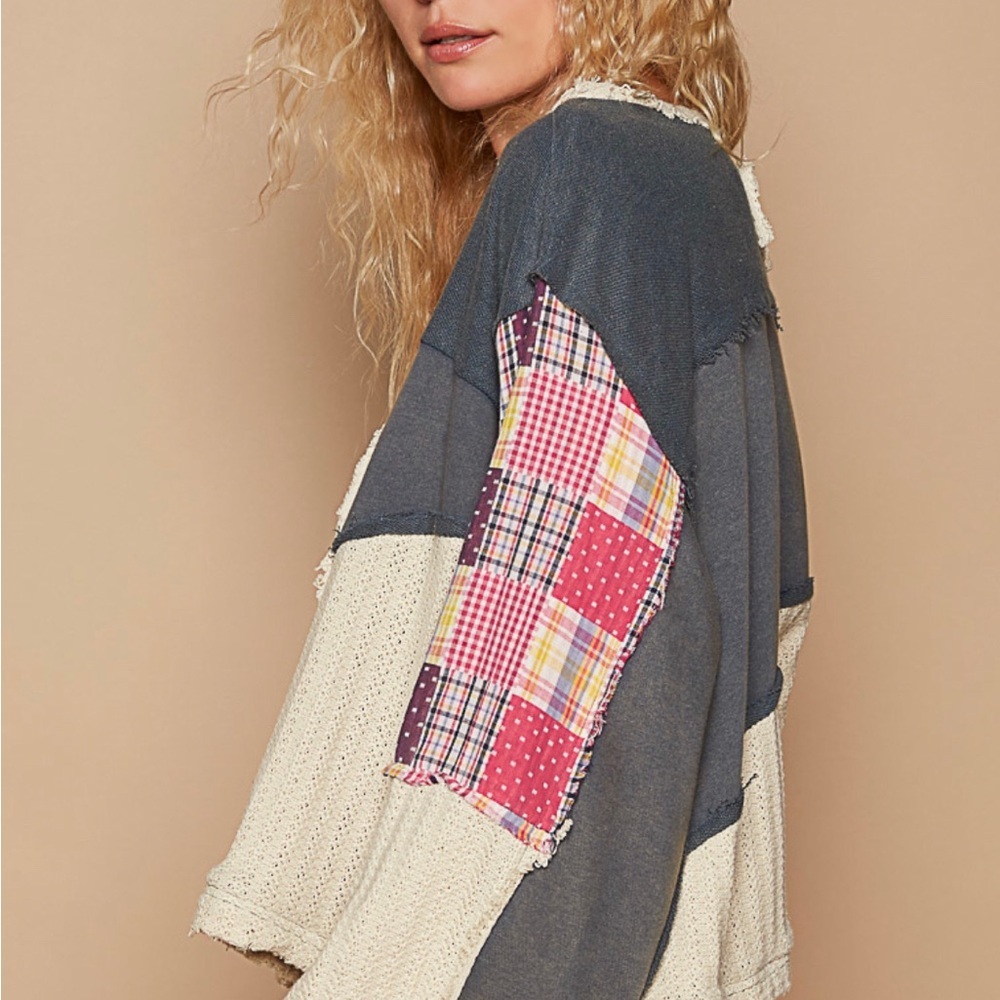 NEW POL Pice Sign Round Neck Long Sleeves Oversized Fit French Terry Top - Picture 3 of 5